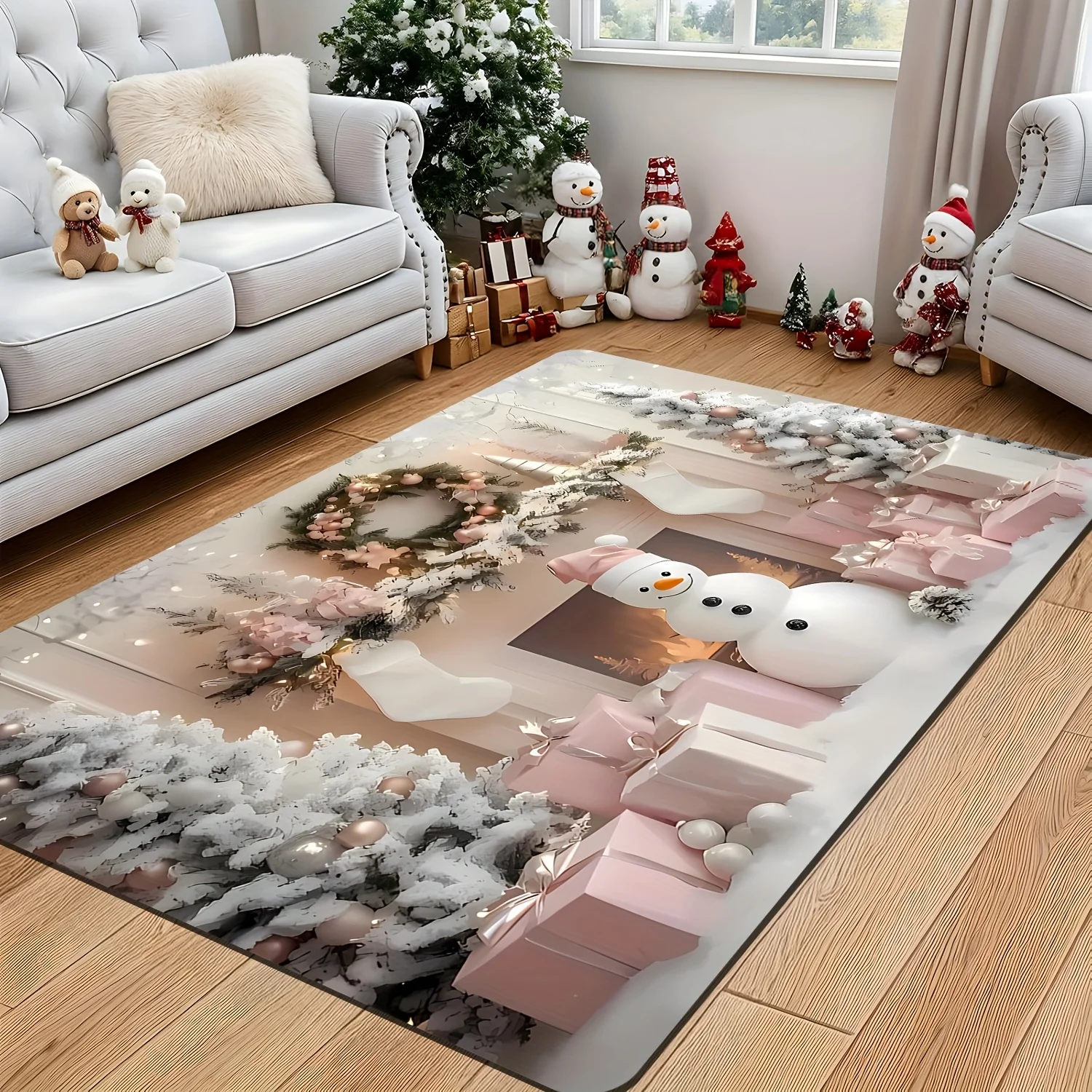 Xmas Pink Gift Box and Snowman Pattern Area Rug,for Living Room, Bedroom, Study,Entryway Mat, Dining Area, Christmas Decorations