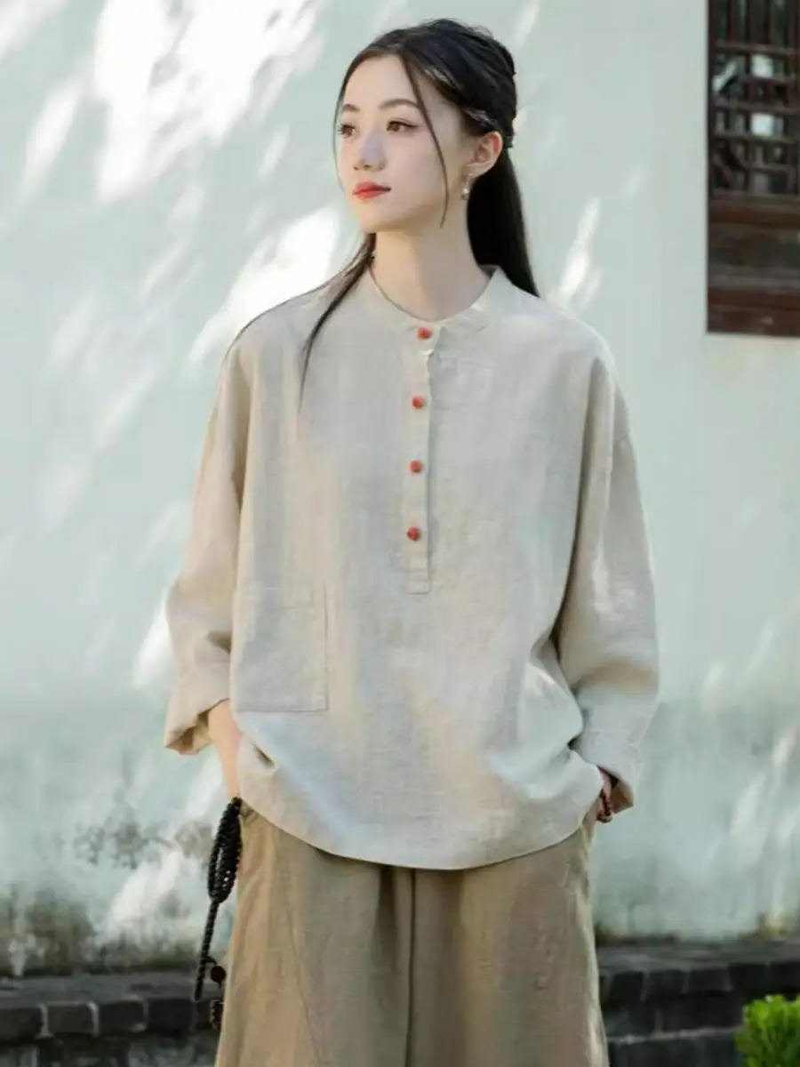 

Женская хлопково-льняная рубашка с воротником-стойкой, в стиле пэчворк, на пуговицах, оверсайз, осенняя новинка, винтажный стиль, с длинными рукавами