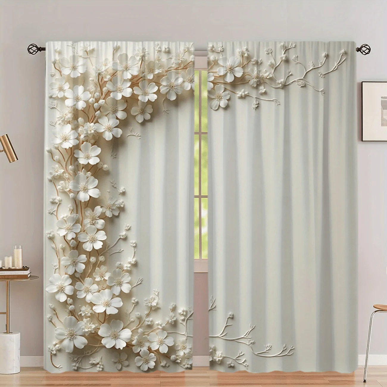 2 Pcs Elegant White Floral Blackout Curtains – for Living Room Bedroom Dining Room, Adding Natural Beauty & Cozy Ambiance
