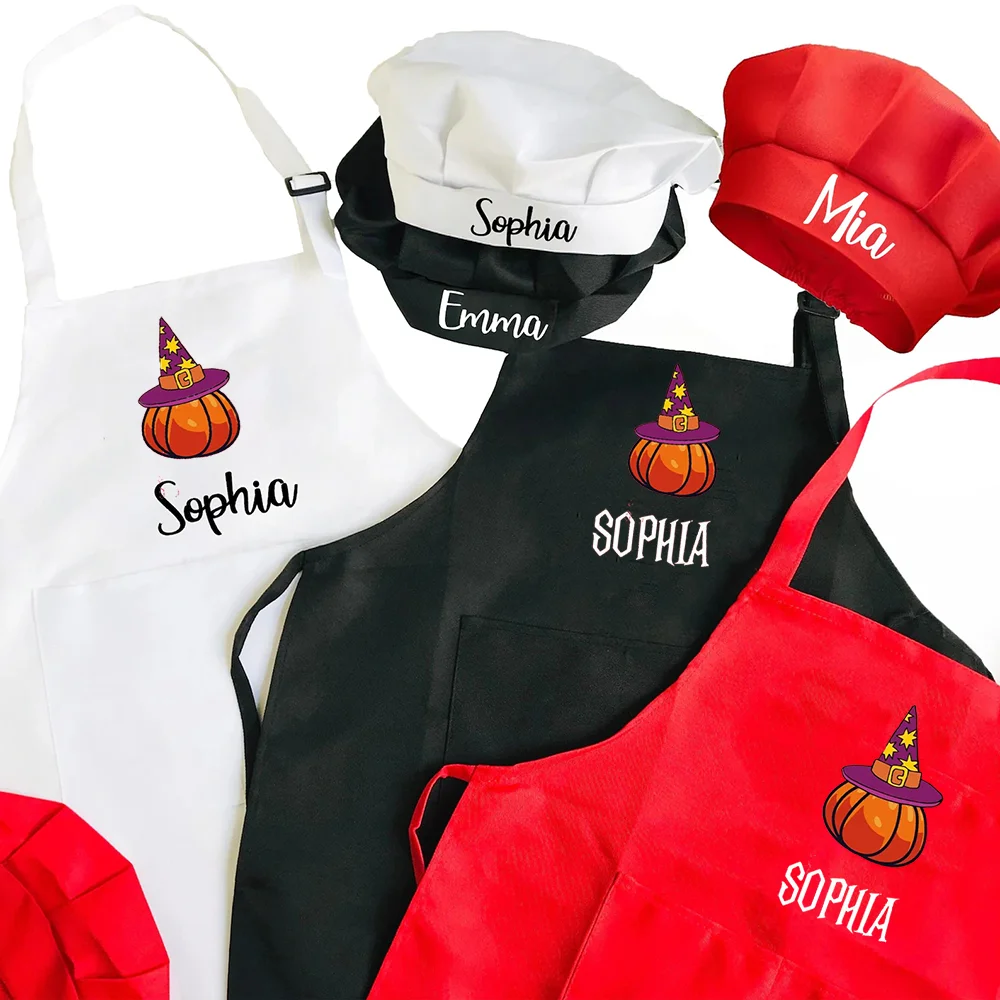 

Custom Halloween Apron Chef hat Halloween Gift Kids Witch Painting Aprons Kitchen Decor Baking Cooking Supplies Trick Or Treat