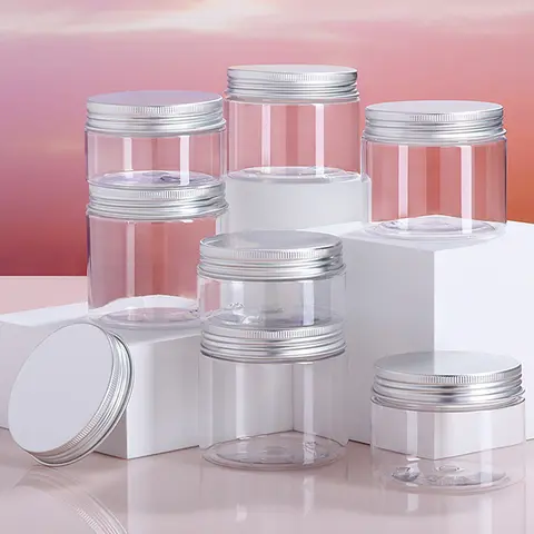 10/30pcs 50ml 100ml 150ml 250ml 빈 화장품 크림 항아리 알루미늄 뚜껑 투명 플라스틱 저장 용기 애완 동물 메이크업 냄비 여행