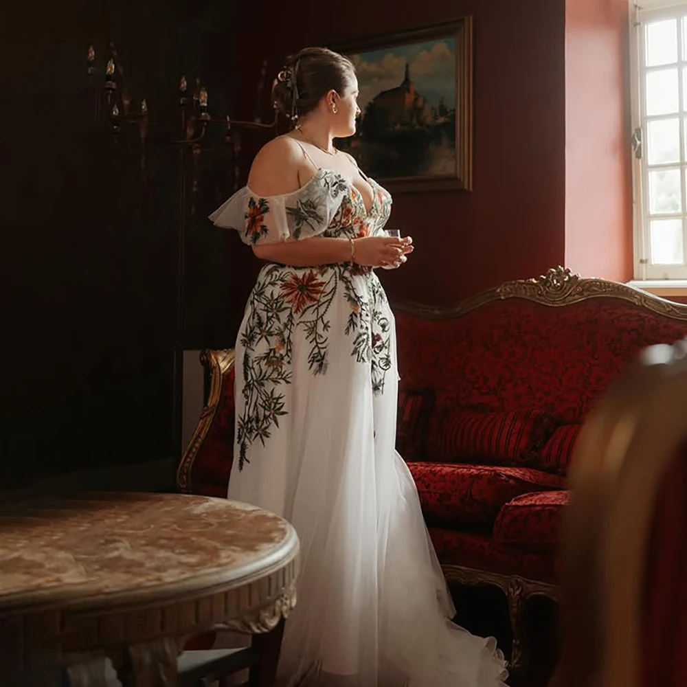 انفصال الأكمام الملونة المطرزة فستاين سهرة/فساتين الحفلات الدانتيل إغلاق مخصص الجنية شبكة حجم كبير السباغيتي الأشرطة فستان الزفاف