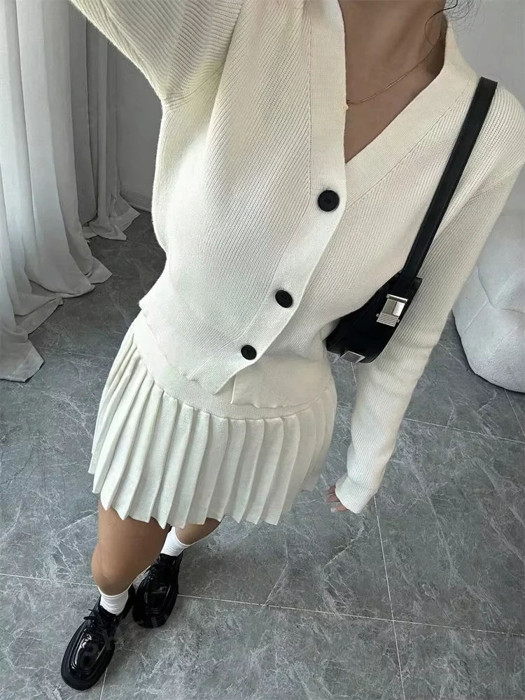 Vintage Female Knit 2 Piece-Set Pleated Skirts Casual Ribbed Cardigan Sweater And Skirt Sets Female Knitwear Outfits 2024