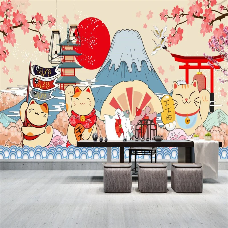 Hand-painted Cartoon Japanese Sushi Lucky Cat Industrial Decor Mural Wallpaper 3D Japanese Cuisine Sushi Restaurant Wall Paper