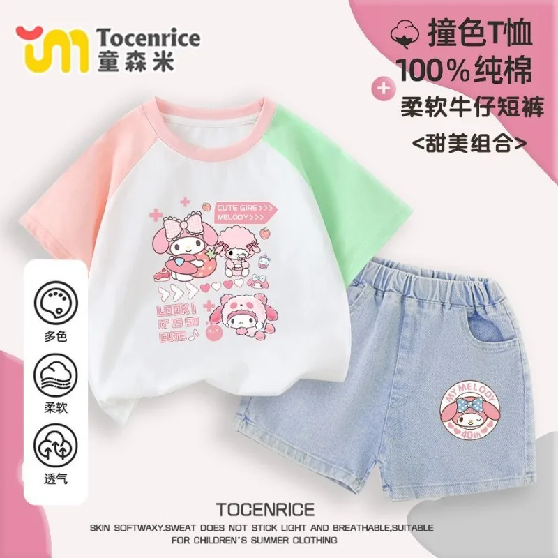 

My Melody Anime Kawaii Sanrio Ins Fashion Short Sleeve Shirt Pants Set Cute Girls Summer Baby Short Sleeved Hoodie Gifts