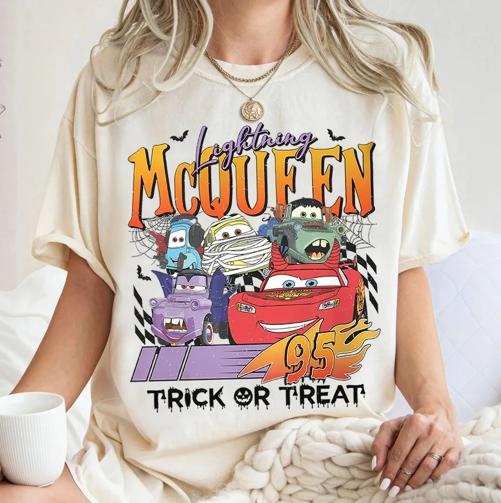 

Двусторонняя винтажная рубашка McQueen с молнией на Хэллоуин и футболка на Хэллоуин с автомобилями Диснея, унисекс, всесезонный базовый слой из чистого хлопка