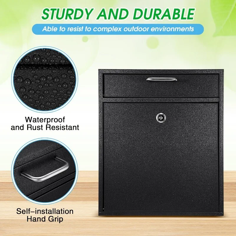 Box with Lock Security Mail Drop Metal Collection Boxes Hanging Secure Postbox(Black,12 x 10.5 x 4.7 Inches)