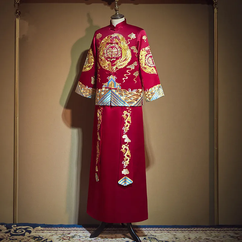 Costume de mariage Royal pour hommes, longue Robe classique brodée de Dragon, Style chinois, pour spectacle sur scène, vêtements pour toasts