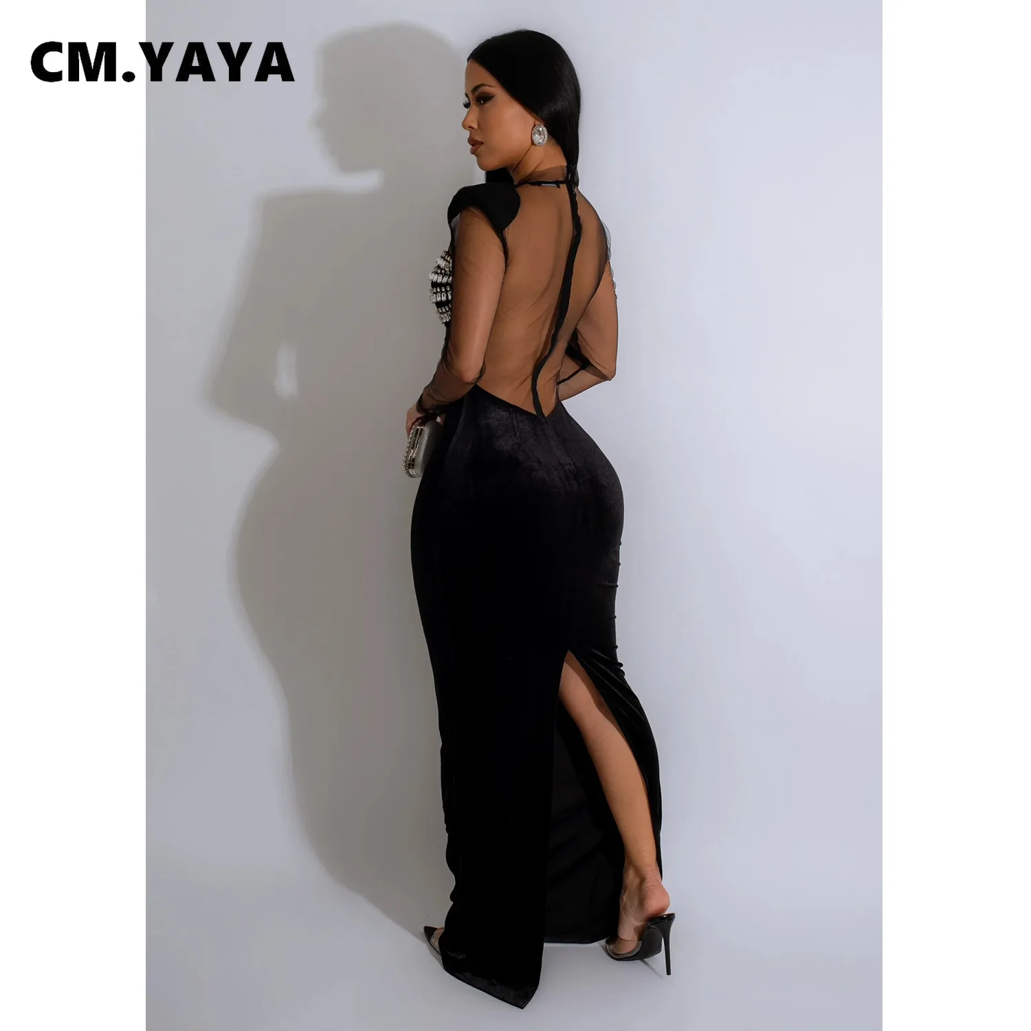 CM.YAYA Women Diamonds Splicing Mesh See Though Patchwork Bodycon Midi Maxi Dress 2024 Evening Sexy Party Long Dresses Vestidos