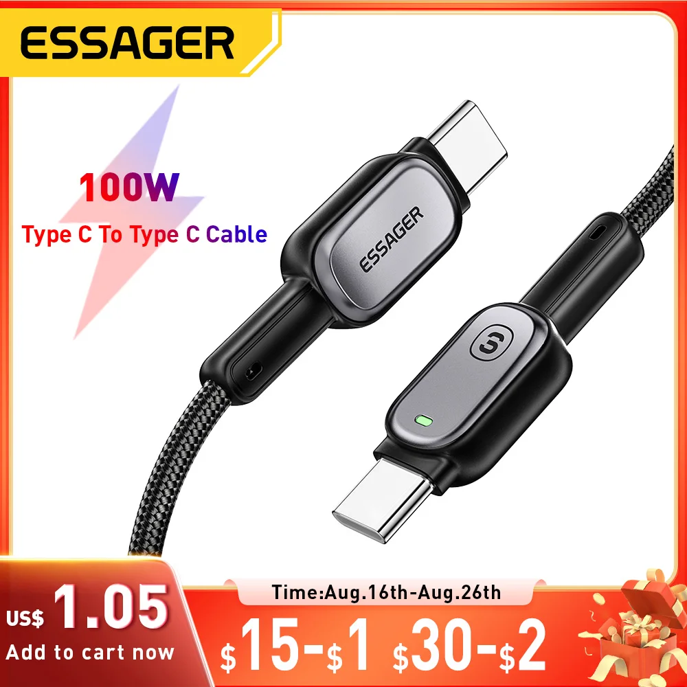 Essager 100W Typ-C-zu-Typ-C-Kabel für iPhone 16 15 Xiaomi Samsung Huawei PD Schnellladung für Macbook Tablet Laptop LED-Kabel