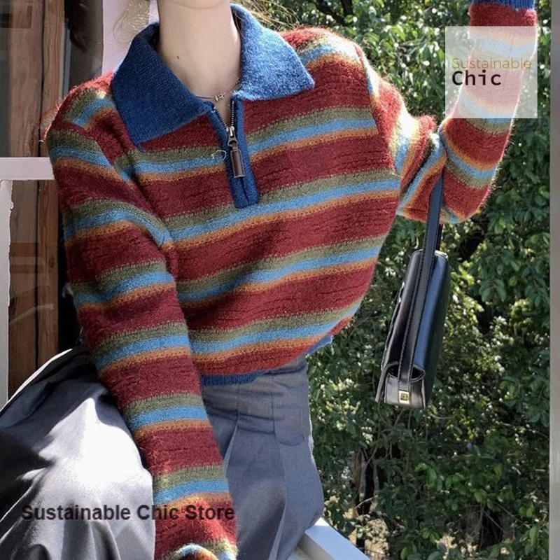American retro striped zipper polo neck knit bottoming shirt women's autumn and winter fashion niche chic unique pullover. 3