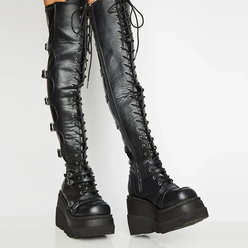 Punk Over-the-knee Boots Women Platform Heels Belt Buckle  Boot Motorcycle Goth Shoe Thigh High Flat Boots Plus Size 42 43