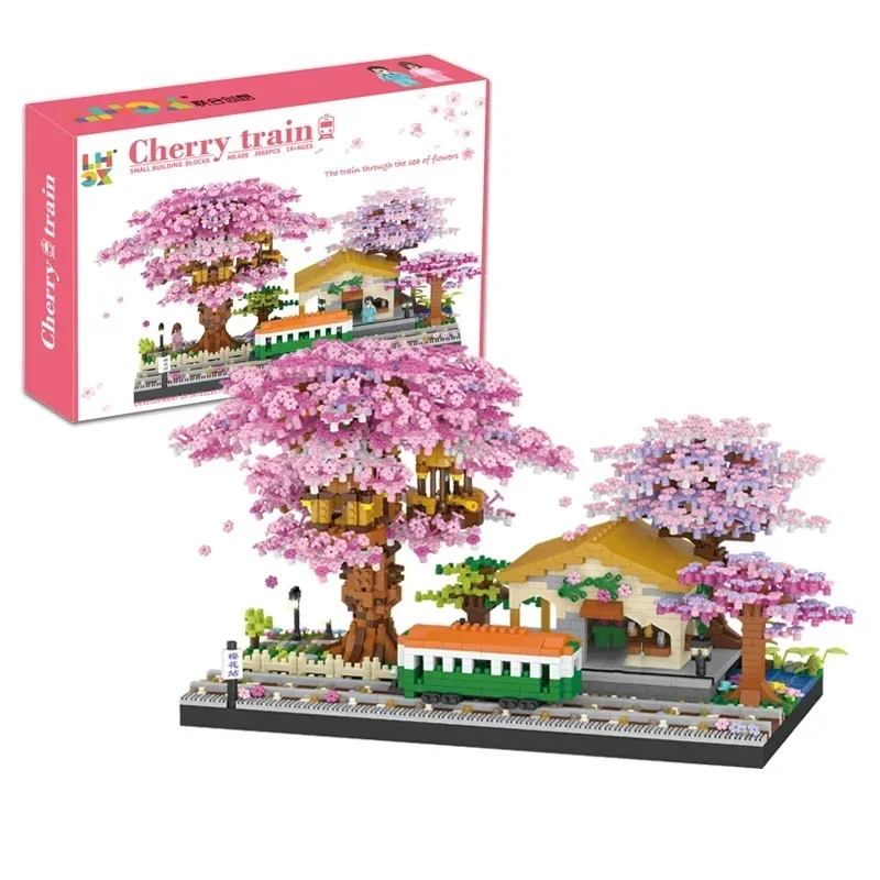 

3668pcs Cherry Blossom Train Station Building Blocks Set Japanese Sakura Scenery with Train Station Treehouse Toy Kit for Adults