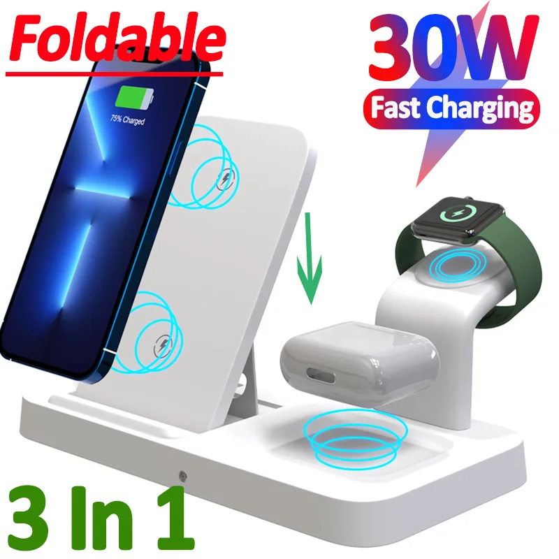 

3 IN 1 30W Wireless Charger Stand For iPhone 14 13 12 X Samsung S21 S20 Xiaomi Fast Charging Dock Station For iWatch Airpods