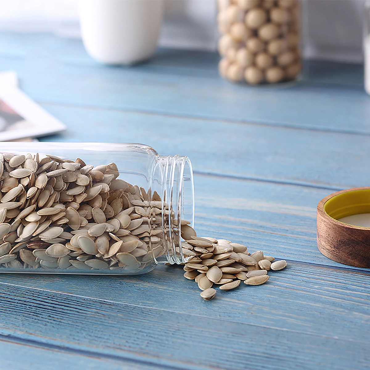 

Glass Bottle Wooden Cover Sealed Jar Food Containers Storage Jars Round Kitchen Canisters