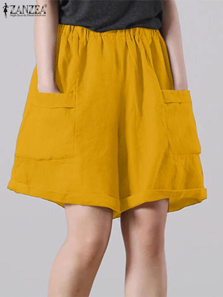 ZANZEA-pantalones cortos Vintage de verano para mujer, pantalones de cintura alta elástica con bolsillos, pantalones de pierna ancha de Color sólido, pantalones cortos informales sueltos