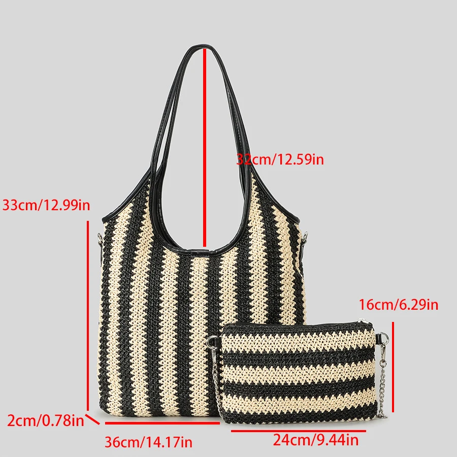 

2025 Women's Retro Straw Woven Single Shoulder Handbag Fashion Contrast Stripe Large Capacity Handbag