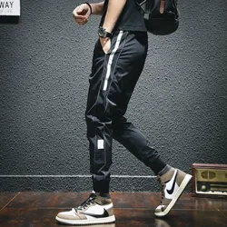 Summer Sport Casual Pants Men Lightweight Joggers Fashion Side Stripe Gym Black Elastic Waist Drawstring Jogging Trousers