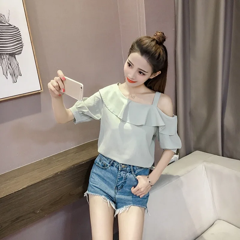 Women\'s Shirt Tops Fashion One-Shoulder Ruffles Short-sleeved Tops Chiffon Tops S-XXL