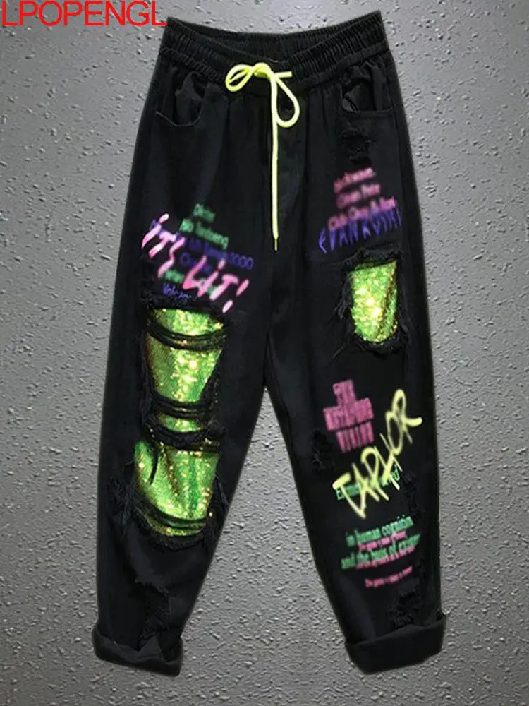 Women's Spring And Summer Personality Color Sequins Ripped Jeans New Drawstring Loose Straight Streetwear Denim Harem Pants