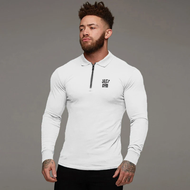 Men\'s Running Fitness Zippered Lapel Polo Shirts Autumn Cotton Long Sleeve Slim Fit Tees Gym Bodybuilding Workout Muscle Shirt