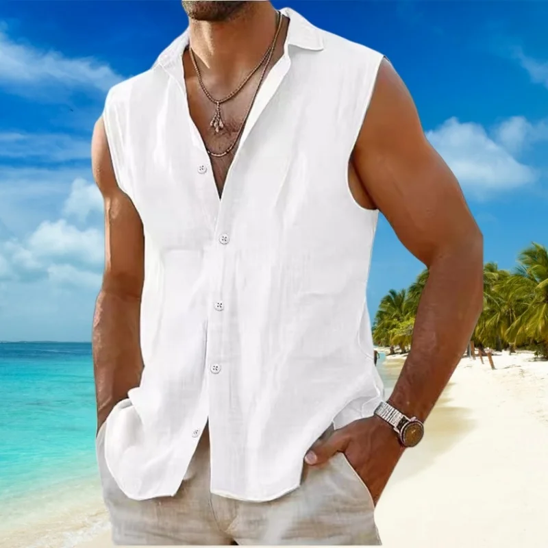 Summer Solid-Color Cotton and Linen Sleeveless Shirt for Men, Casual Sports, Lapel Button, Outdoor Fitness, Breathable Cardigan