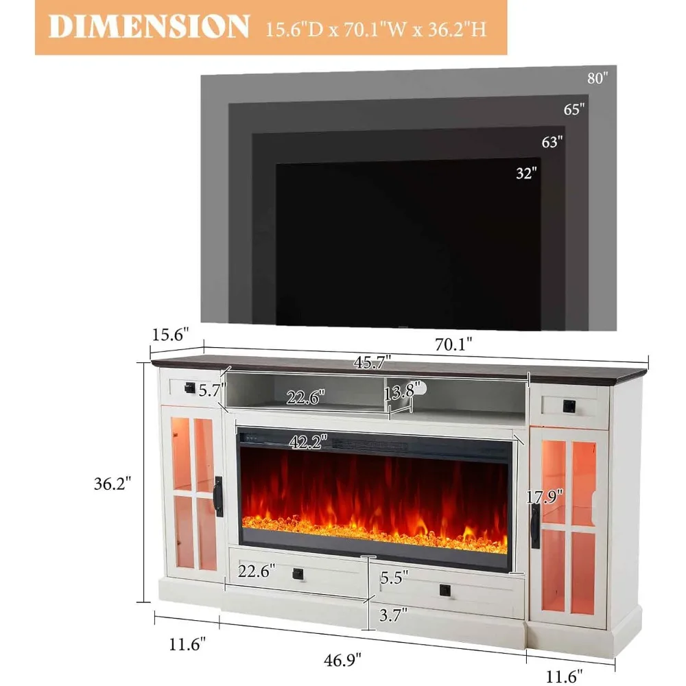 Suitable for 80 Inches, Farmhouse TV Cabinet with LED Lights, Entertainment Center with Storage Drawers and Cabinets