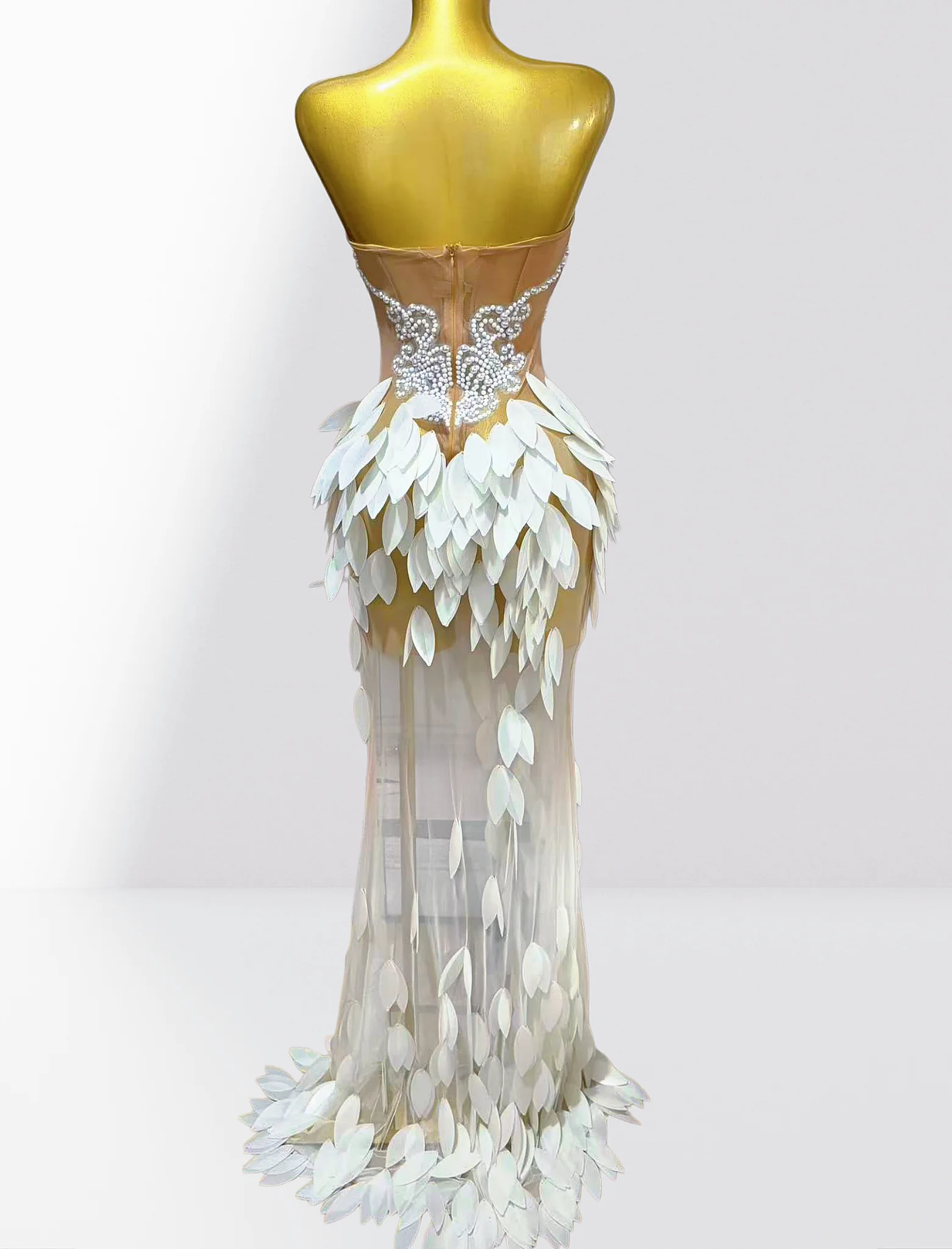 White Acrylic Feathers Mesh Sheer Strapless Long Dress Woman Birthday Party Wedding Party Dress Stage Performance Costume