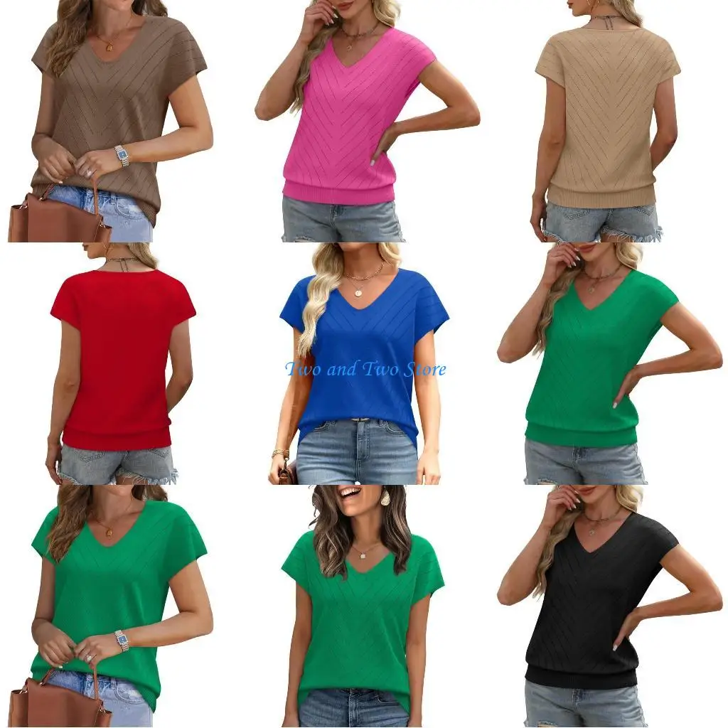 

HX6F Short Sleeve Sweater For Women V Neck Fashion Solid Color Top Beach Vacation Clothes Business Casual Knit Shirt
