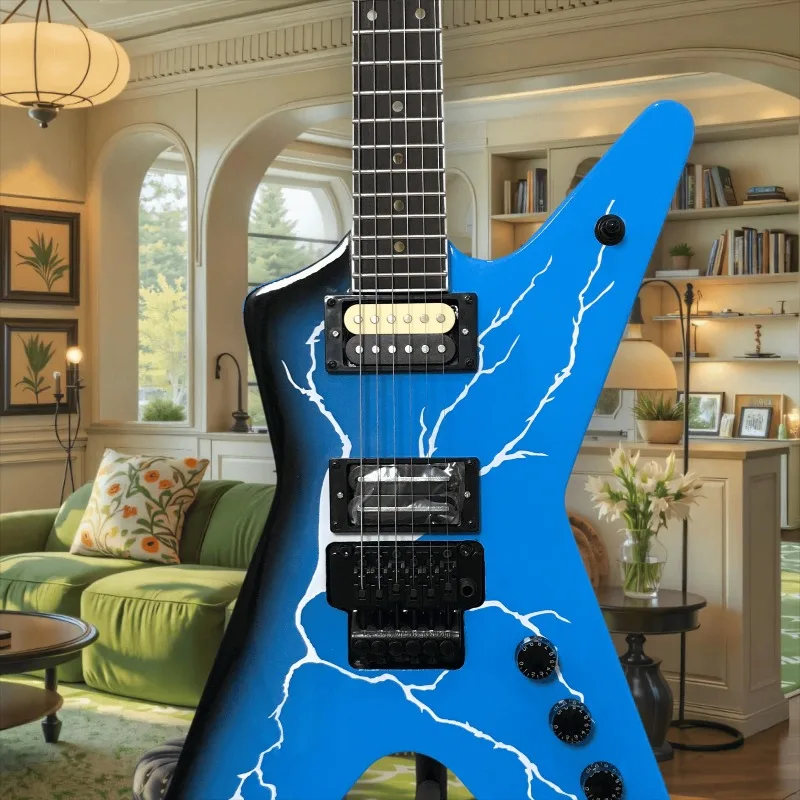 StarQ Electric Guitar Blue White Lightning Graphic Dual Humbuckers Tremolo 6 String Metal Rock Beginner Unisex