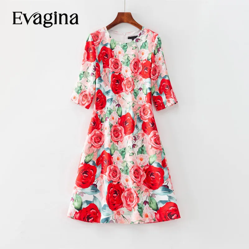 Evagina 2023 Fashion Runway Spring/Summer Dress Women Round-Collar Half-Sleeve Rose Flowers Print Casual Slim Mini Dress