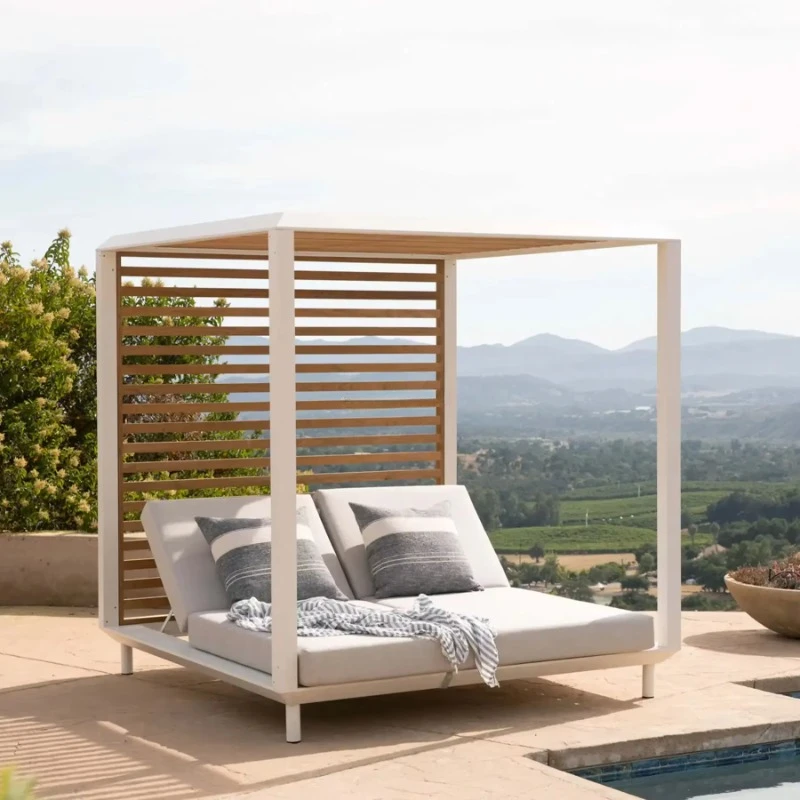 Outdoor Aluminum Alloy Wood Grain Frame Bed Swimming Pool Daybed Outdoor Sun Bed Lounger Cabana Tent Aluminium Frame  Canopy Bed