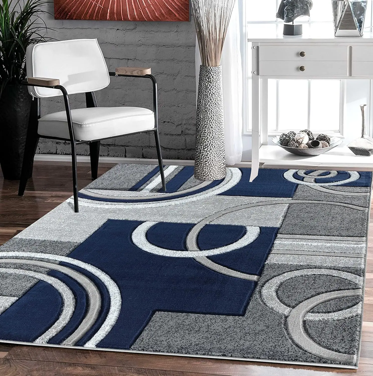 

Sleek Abstract Geometric Rug, Navy Grey Circle Non-Slip Floor Mat for Bedroom & Living Room, Chic Contemporary Home Decor Carpet