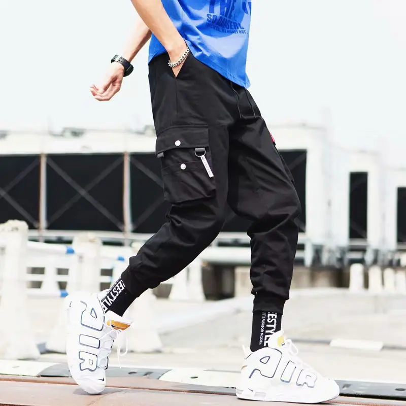 

Men's Black Korean Slim Fit Cargo Pants Drop Crotch Tapered Joggers Youth Streetwear Sporty Casual Skinny Trousers