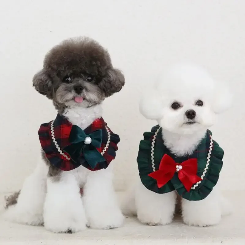 Pet Dog Cat Plaid Ruffled Bow Pearl Scarf Cute and Sweet Saliva Towel Dog Christmas Bow Pet Dog Akcesoria dla małych psów