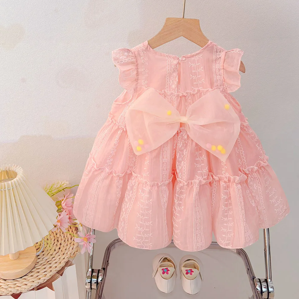 Korean Version Summer 1-3 Year Old Baby Girl Printed Round Neck Flying Sleeve Butterfly Bow Princess Dress for Birthday Party 2