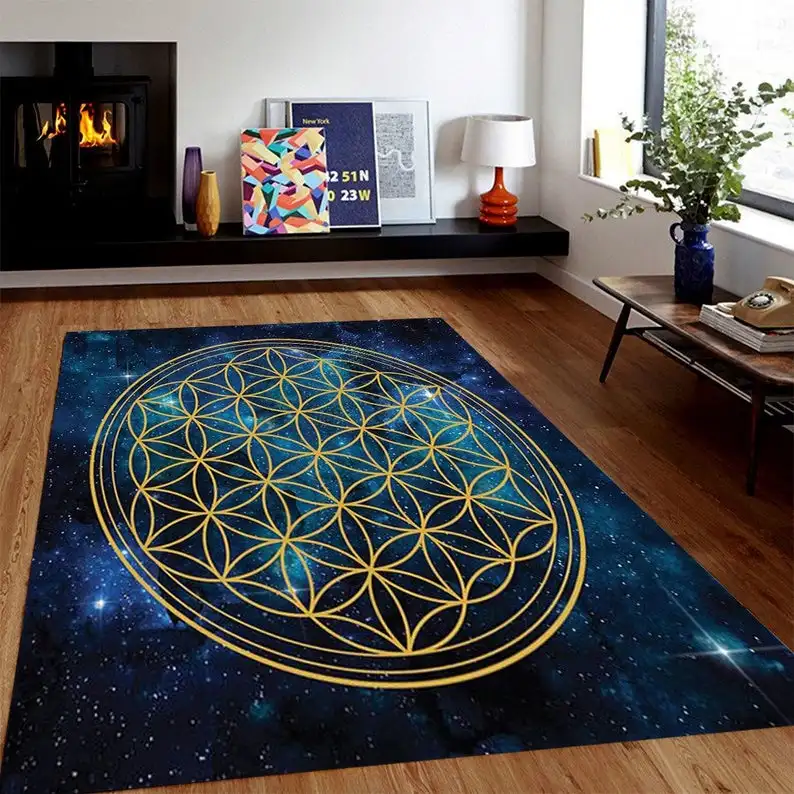 Flower of Life Rug, Blue Overlapping Circles Grid, Gold Area Rug, Yoga Modern Rug, Floor Salon Rug, Flower Rugs Carpet