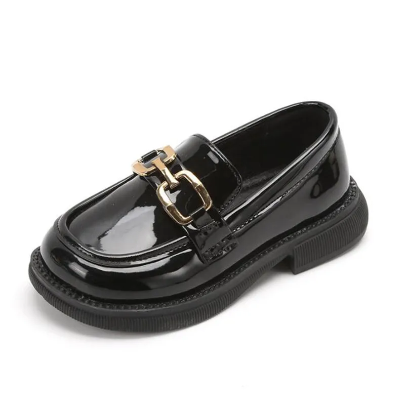 

2023 Spring New Girls British Leather Shoes Children Soft Mary Janes Metal Kids Fashion Casual Solid Black Slip-on Loafers