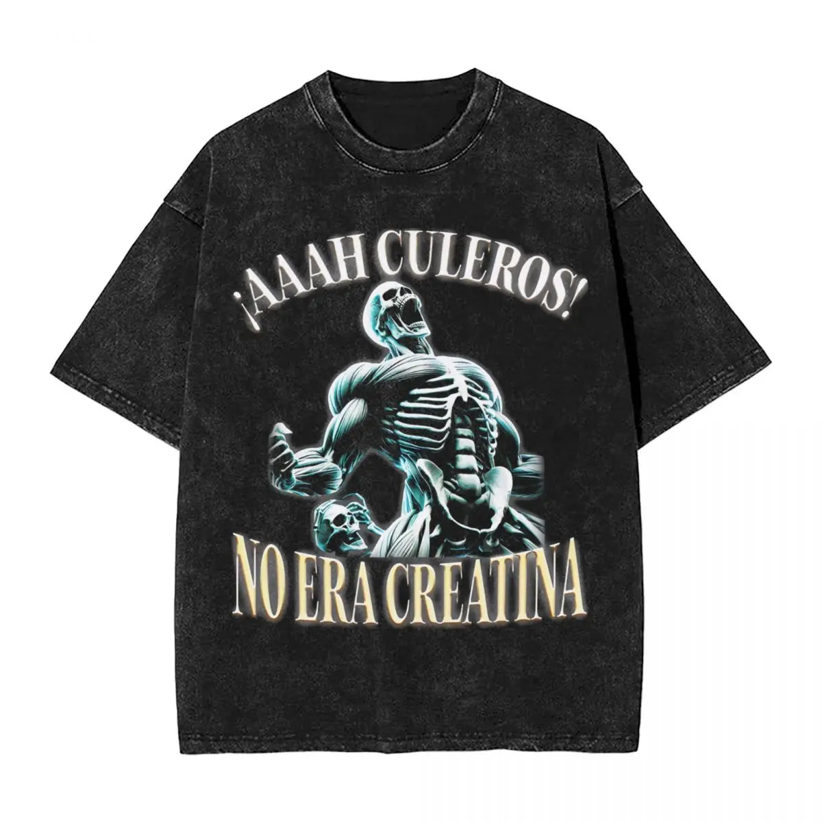 Oversized Washed T-Shirt Gym Skull Loose T-Shirts AAAH CULEROS! ESO NO ERA CREATINA Novelty Tshirt for Men Summer Aesthetic Tees