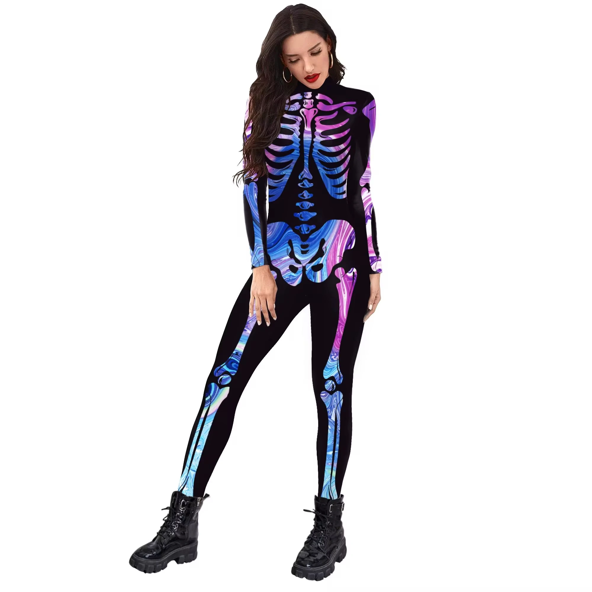 

Halloween Cosplay Costumes Colorful Line Skeleton Printed Fancy Jumpsuit Outsuit Party Wear Spandex Bodysuits Clothes Outfits