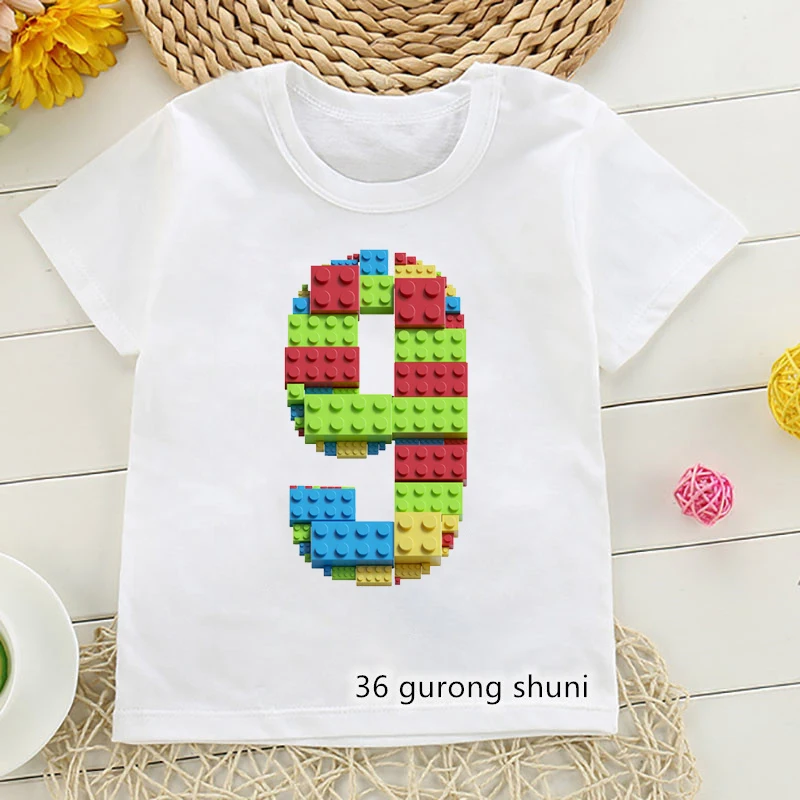 T-shirt imprimé numérique avec nom personnalisé pour enfants, blocs de construction pour garçons, vêtements mignons pour enfants, t-shirt blanc