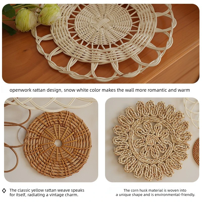 Nordic Bohemian Rattan Round Wall Decor Hand Woven Wall Hanging Ornament for Living Room Home Wall Art Decoration