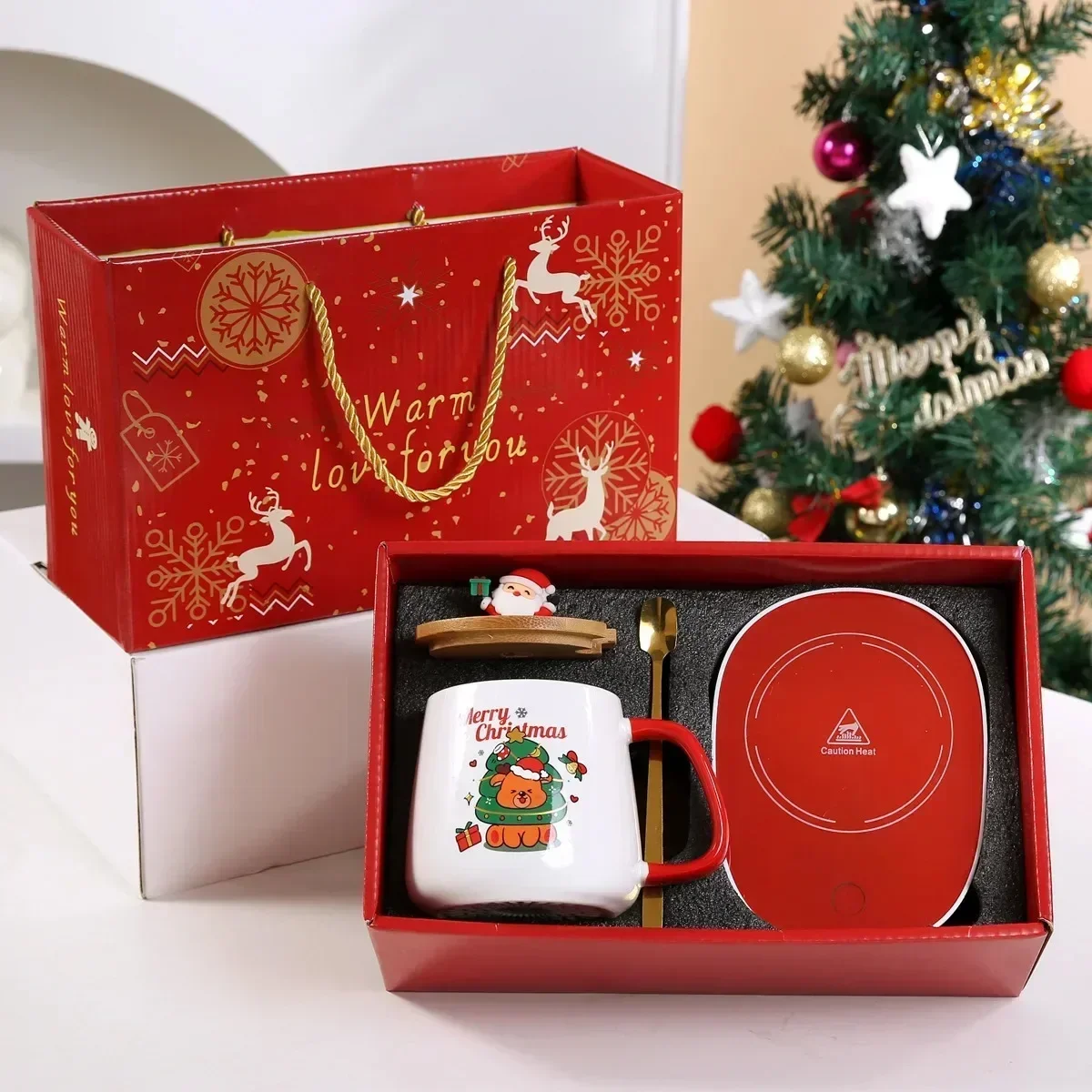 Christmas Gift Set: 55°C Heat-Retaining Ceramic Mug with Lid & Spoon – Portable Coffee Cup for Office or Home Use