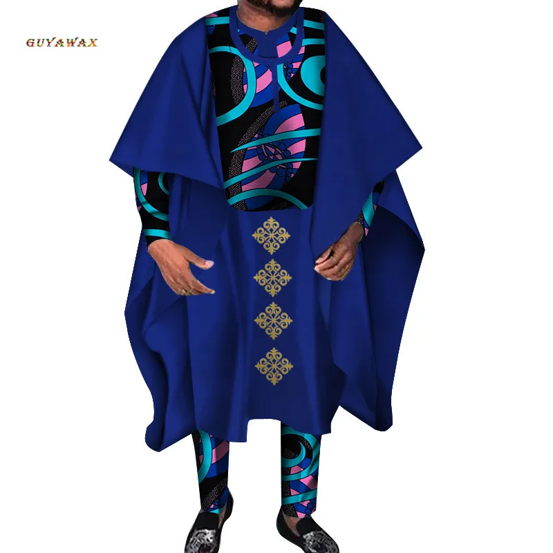 ! Venda quente africano terno para homens agbada robe dashiki impresso camisas e calças 3pcs conjunto kaftan roupas bazin riche roupas formais