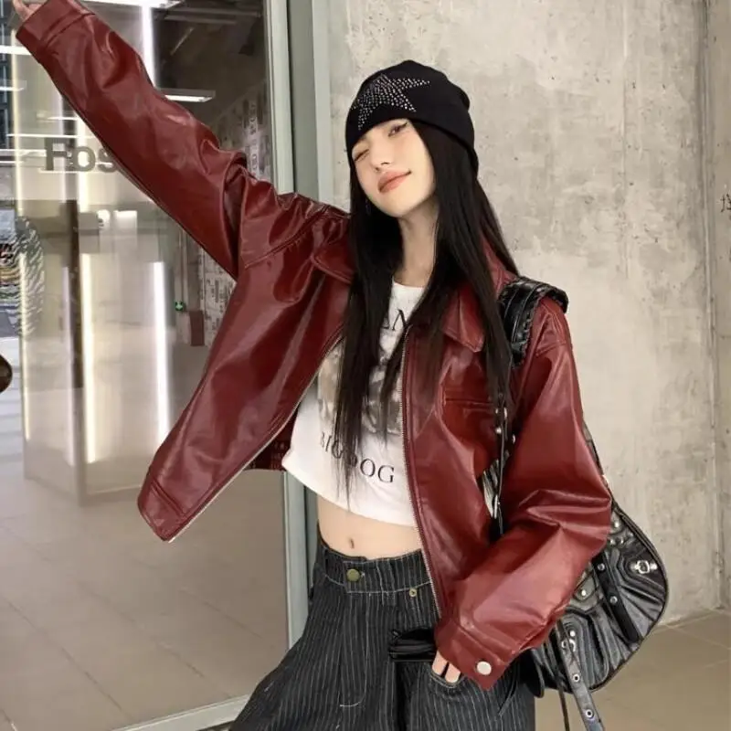 

American style retro red lapel leather jacket coat Women's premium feel autumn new model sweet cool jacket short style tops