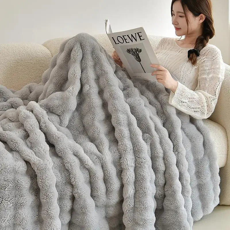1PC Thick Plush Blanket Rabbit Faux Fur Bubble Fleece Winter Double-Sided for Office Nap Sofa Cover Kpop Blankets Bed