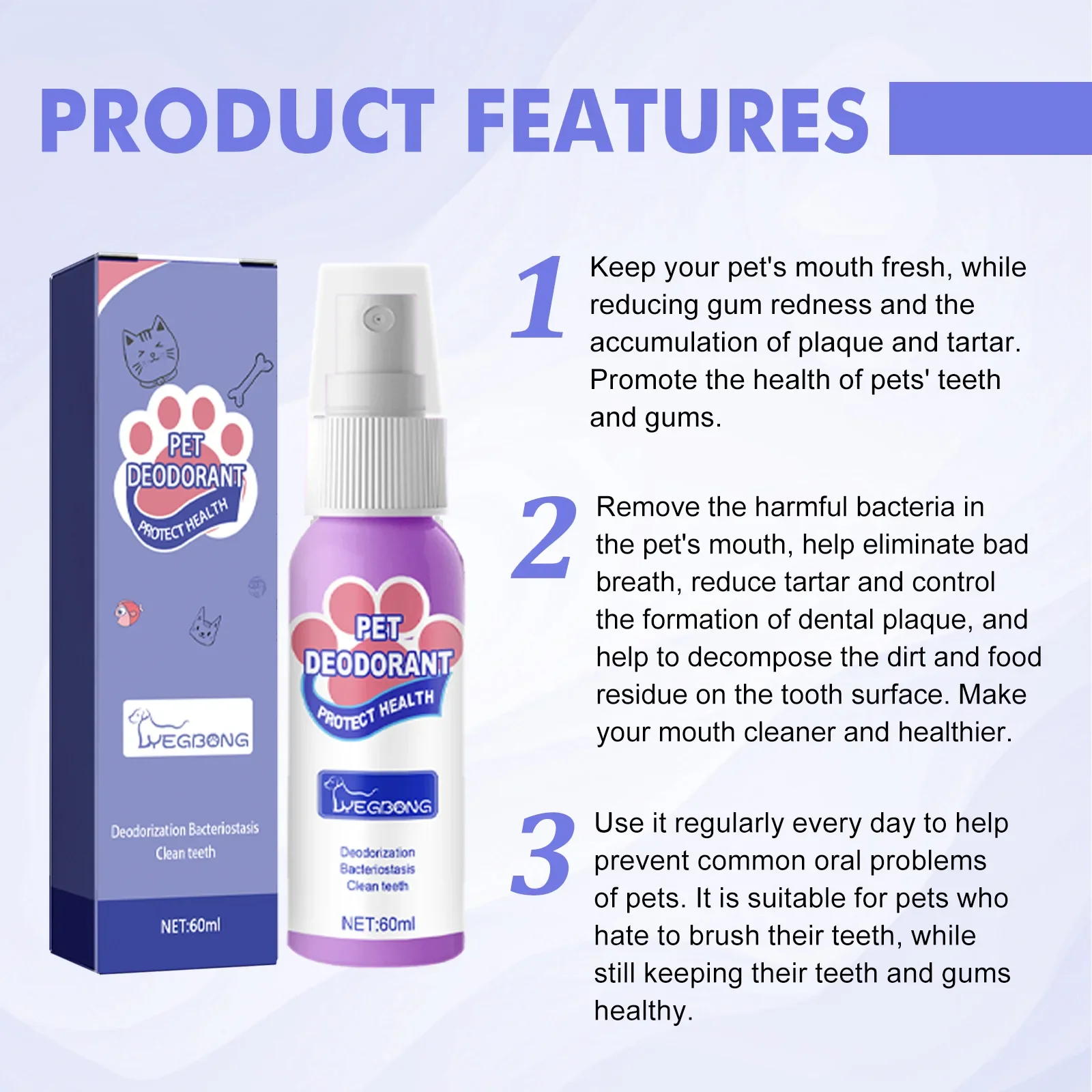 Bad breath spray for dogs, fresh breath for cats, mouth cleaning, pet deodorization and odor removal