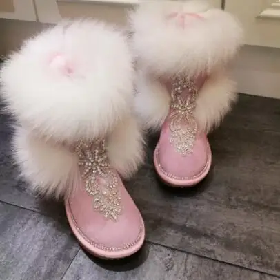 

Winter Girls Pink White Bling Crystal Rhinestone Fox Fur Warming Round Toe Flat 6 CM Height Increasing Mid-calf Snow Boots Shoes