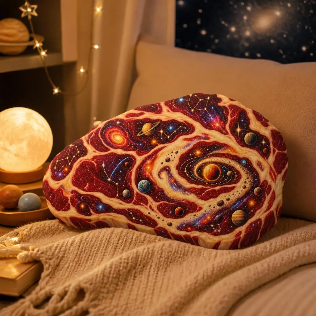 Cosmic Ribeye Steak Pillow Galaxy Space Food Cushion Plush Irregular Stuffed Throw Pillow Grill Chef Gift Quirky Home Decor