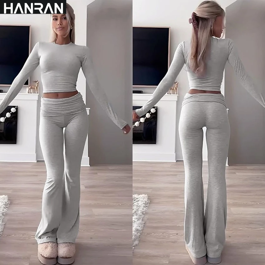 HANRAN Damen-Sportbekleidung, zweiteiliges Set 2025, langärmliges Yoga-Outfit mit Schlaghose